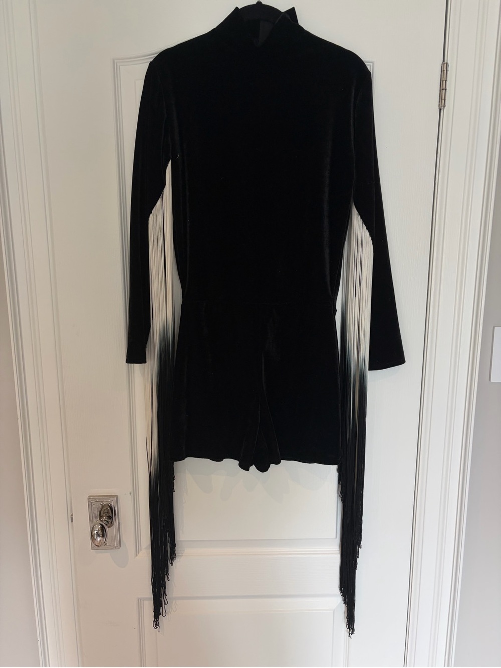NWT Velvet Black and White Fringe Long Sleeve 70s Romper Jumpsuit - large